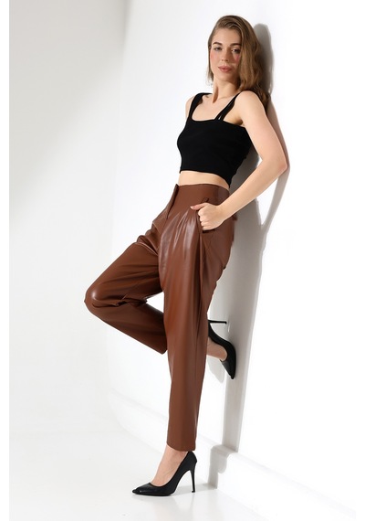 Winmoda34 Kadın Yüksek Bel Ince Pensli Klasik Deri Pantolon Acı Kahve Kahve