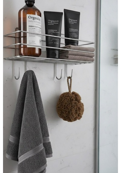 Krom Yapışkanlı Şampuanlık 30 Cm Askılı Banyo Duş Rafı Organizer Tşk-01 Krom