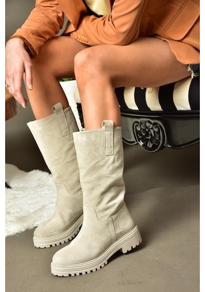 Fox Shoes R555267002 Bej Hakiki Deri Süet Kadın Çizme Bej