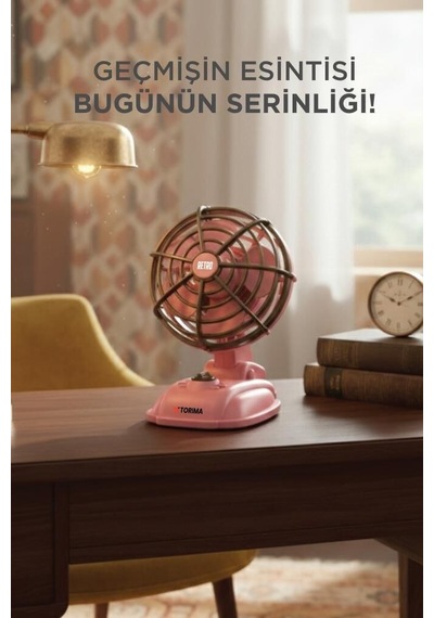Premium Vintage Model Taşınabilir Fan Retro Tarz Şarjlı Masaüstü Vantilatör F50 Pembe