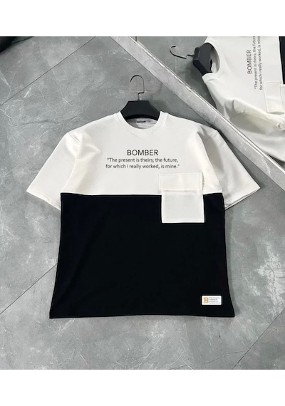 Unisex Torba Cep Detaylı Parçalı T-shirt - Siyah Siyah
