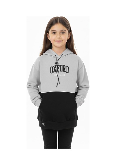Kapşonlu Oxford Baskılı Kanguru Cepli Kız Çocuk Sweatshirt-90862 Gri