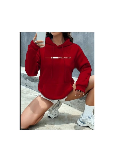 Medinenur Los Angeles Desenli Kapüşonlu Cepli Sweatshirt Kırmızı