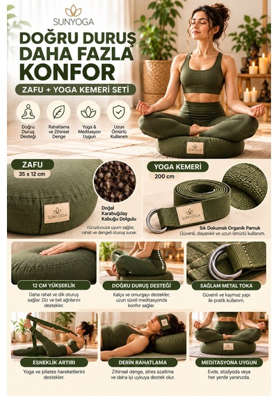 Zafu Meditasyon Minderi + 200 Cm Yoga Kemeri Seti Karabuğday Dolgulu 35x12 Cm Yeşil