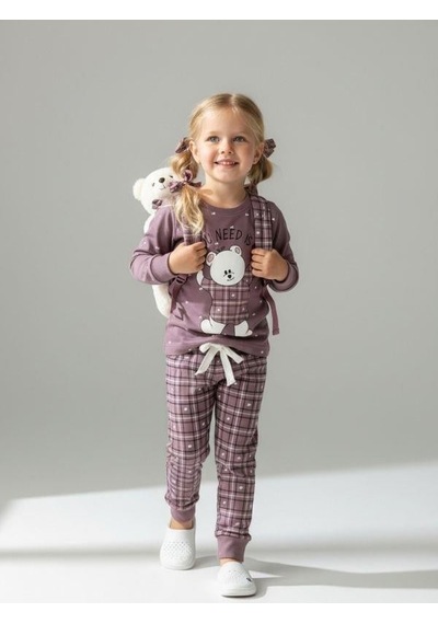 Kız Çocuk Pamuklu Ekose Desenli Ayıcıklı Pijama Takımı-16826 Mor