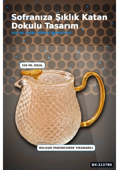 550 Ml Borosilikat Cam Demlik Isıya Dayanıklı Dokulu Gövdeli Kapaklı Detay Bx-313780 çok renkli