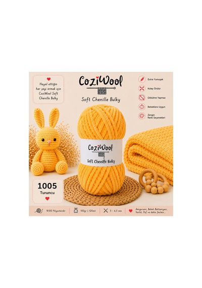 Kadife El Örgü İpliği Soft Chenille Bulky 5'li Paket, 5x100 Gr. 120 Mt. %100 Mikro Polyester Turuncu - 875823131