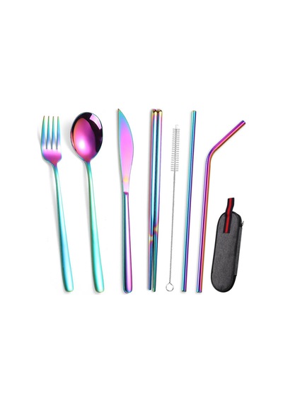 Valkyrie 8 Parça Çantalı Yolculuk Çatal Bıçak Kaşık Pipet Chopstick Seti Kamp Okul Ofis Tatil Paslanmaz Çelik Renkli Çok Renkli