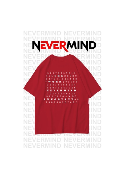 Nevermind Oversize Unisex Tişört Grafik Baskılı, Rahat Kalıp Kırmızı