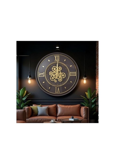 1 Adet Çarklı Duvar Saati 55 Cm Endüstriyel Vintage Tasarım, Açık Mekanizma, Roma Rakamlı Kadran, Altın Tonlu Detay, Wall Clock