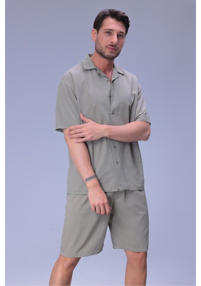 Erkek Rahat Kalıp Cepli Keten Gömlek Ve Beli Lastikli Şort Yazlık Oversize Takım Çağla Yeşili