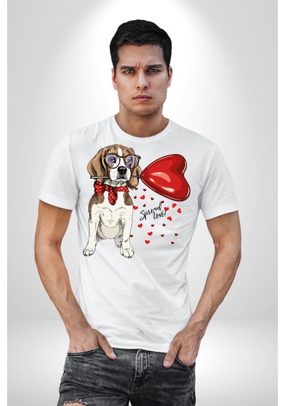 Poodle Ve Beagle Sevililer Günü Hediyesi Unisex Unisex Beyaz Organik Baskılı T-shirt Penye Yüksek Kalite Beyaz