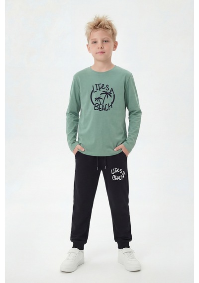 Panios Kids Yuvarlak Yaka Sweatshirt Paça Lastikli Eşofman Alt Baskılı Uzun Kollu Erkek Çocuk Alt Üst Takım Mint