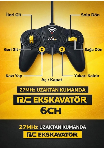 Uzaktan Kumandalı Kepçe İş Makinası 1:24 Ölçekli 6 Fonksiyonlu Sesli Ve 4 Çeker Oyuncak Ekskavatör Sarı