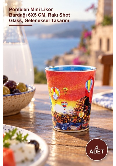 4 Adet Yöresel Shot Bardak Porselen Mini Likör Bardağı 6x5 Cm, Rakı Shot Glass, Geleneksel Tasarım