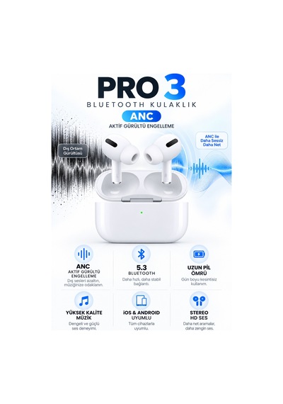Pro 3 Anc Aktif Gürültü Engelleme Premium Bluetooth Kablosuz Kulaklık Stereo Hd Ses, İos Ve Android Uyumlu