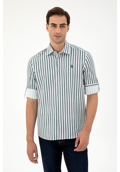 U.S. Polo Assn. Erkek Koyu Yeşil Çizgili Beyaz Gömlek 50296599-VR079