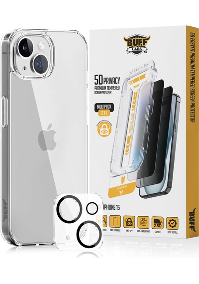 Buff Apple Uyumlu iPhone 15 - Şeffaf Kılıf + Ekran Koruyucu + Lens Koruyucu Privacy