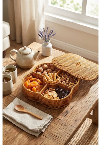 Plentiful Kapaklı 5 Bölmeli Plastik Rattan Organizer Kutu Hasır Desenli Çok Amaçlı Saklama Ve Sunum Bej - Şeffaf
