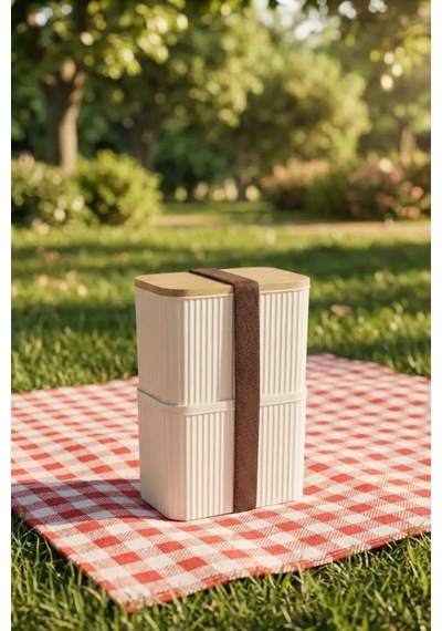 Makri Home Bambu Kapaklı 2 Katlı Saklama Kabı Seti - 2x1 Litre Krem