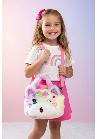 Mollycrush Kız Çocuk Renkli Peluş Çanta Unicorn Tasarımlı Ayarlanabilir Askılı Omuz Ve El Çantası Beyaz