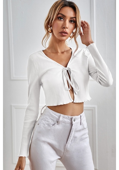 Fantezia Night Kadın Beyaz Uzun Kollu Önden Bağlama Detaylı Crop Top Bluz