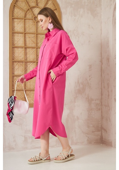 Yıldızistan Kadın Uzun Kol Poplin Cepli Oversize Günlük Spor Tunik Gömlek Elbise Fuşya Pembe 3555352
