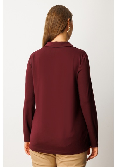 On Kadın Büyük Beden Polo Yaka Basic Bluz 61332 Bordo Bordo