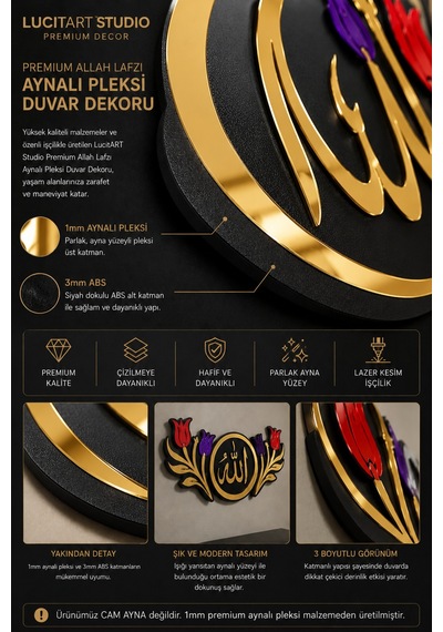 Studio Premium Allah Lafzı Aynalı Pleksi Duvar Dekoru Gold, Gümüş, Gold Rose 3mm Abs + 1mm Aynalı Pleksi Altın Studio Premium Allah Lafzı Aynalı Pleksi Duvar Dekoru Gold, Gümüş, Gold Rose 3mm Abs + 1mm Aynalı Pleksi Altın