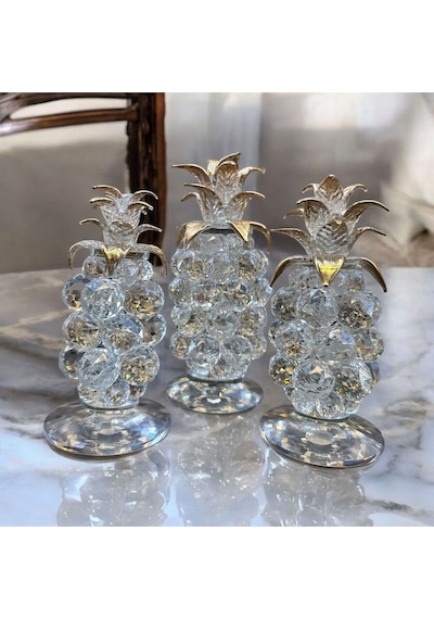 Dekoratif Kristal Cam Üçlü Ananas Set Şeffaf Gold