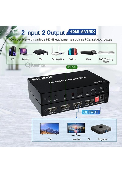 Hdmı Matrix 2x2 Matrix Anahtarı 2 İn 2 Out Switcher 4k 60hz 2x2 Hdmı Matrix 4k 60hz Değiştirici 2 İn 2 Out Optik & R/l Ses Çıkışı