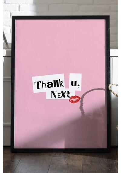 Thank You, Next Doğal Ahşap Çerçeveli Poster, Dekoratif Pembe Duvar Tablosu