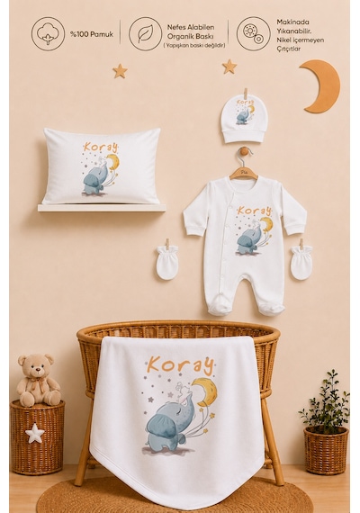Pia Baby İsme Özel Erkek Bebek Tulum Seti %100 Pamuk Organik Baskılı Yastık Kılıfı Ve Battaniyeli Tulum 2068tyb3x Ekru