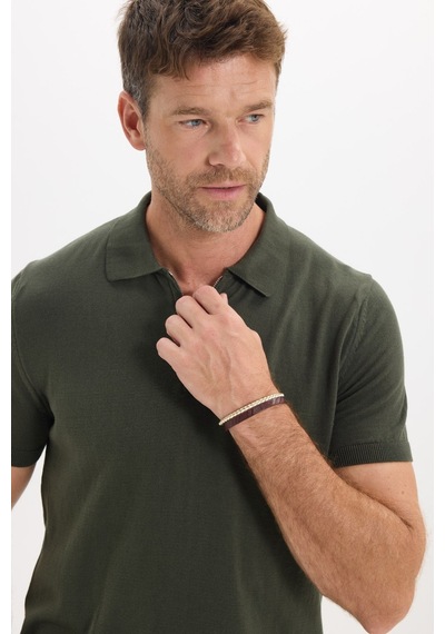 Tudors Erkek Slim Fit Dar Kesim %100 Pamuk Örme Triko Fermuarlı Haki Polo Yaka Tişört-50719