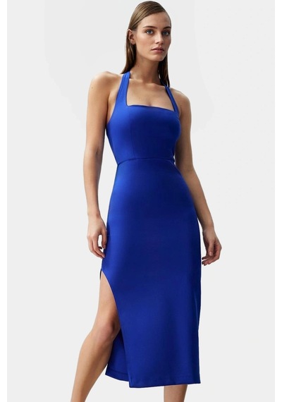 Ersefa Kadın Bodycon Midi Elbise Kare Yaka Finike Dokuma Yazlık Şık Elbi Saks