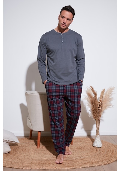 Buratti Ekoseli Pamuklu Beli Lastikli Regular Fit Uzun Kollu Erkek Pijama Takımı 6572003 Füme