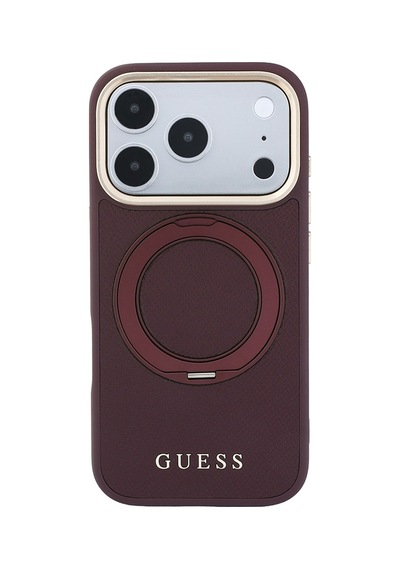 Apple iPhone Uyumlu 18 Pro Max Kılıf Guess Lisanslı M-safeli 360 Standlı Pu Metal Yazı Logolu Kapak Bordo