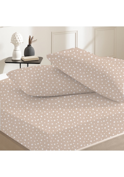 %100 Pamuklu Çift Kişilik Lastikli Çarşaf 180x200+25 50x70 Yastık Kılıfı 2 Adet Bej - Beyaz