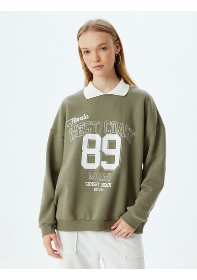 Koton Polo Yaka Sweatshirt Oversize Slogan Baskılı Şardonlu Haki 5wal10174ık Haki
