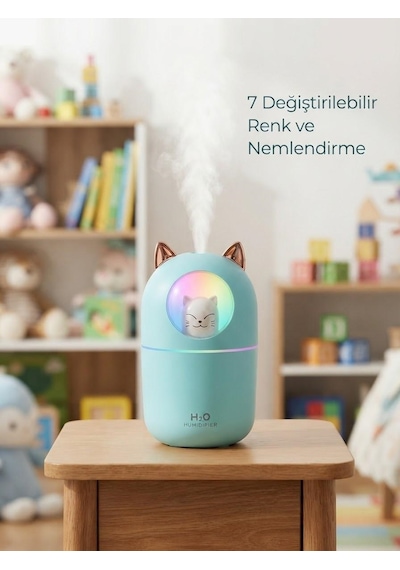 Sevimli Kedi Figürlü Şarj Edilebilir Ultrasonik Hava Nemlendirici Difüzör Ve Gece Lambası