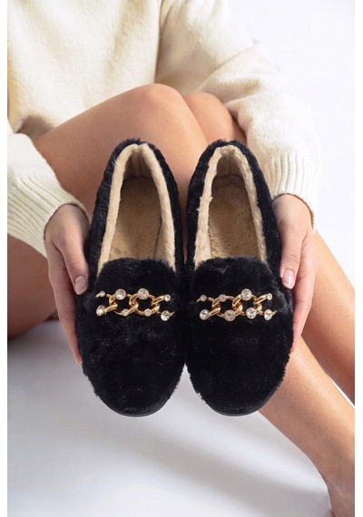 Nmoda Kadın Peluş Panduf Gold Zincir Taşlı Aksesuarlı Kapalı Loafer Yumuşak Tabanlı Kışlık Rahat Babet Siyah