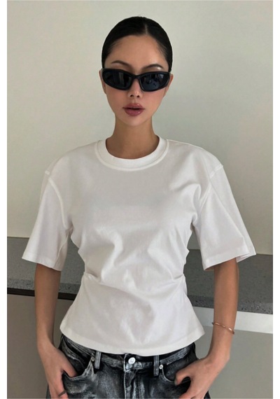 Kadın Beyaz Kısa Kollu Sırt Dekolteli Slim Fit Bluz/t-shirt Beyaz
