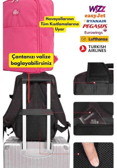 Jet Turtle Seyahat Sırt Çantası 40cm 40x25x15 Cm Pegasus, Wizz Air, Ryanair, El Valizi Koltuk Altı Valizi Fuşya