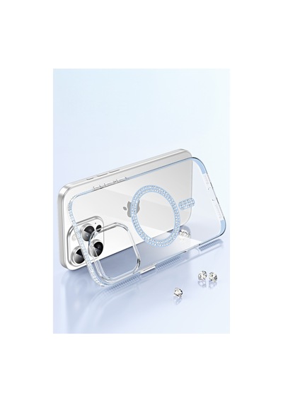 Apple iPhone Uyumlu,  14 Pro Max Move Taşlı Magsafe Kapak - Gümüş