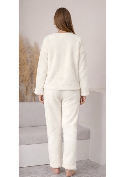 Charme Noveya Kedi Figürlü Ekru Kışlık Peluş Pijama Takımı Yumuşak Dokulu Kadın Ev Giyimi Ekru