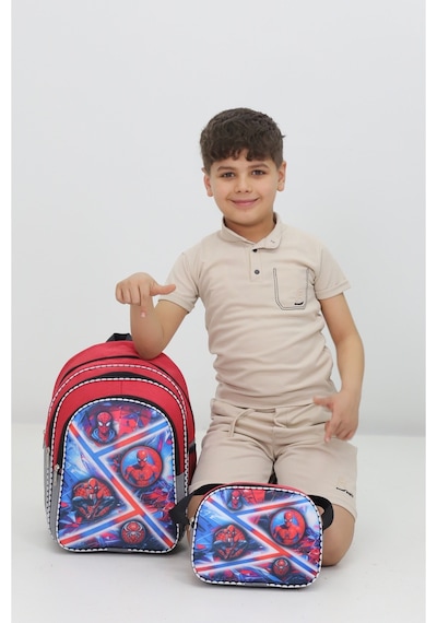 Spiderman Desenli Erkek Çocuk Okul Çantası Ve Beslenme Çantası Seti Kırmızı Gri İlkokul
