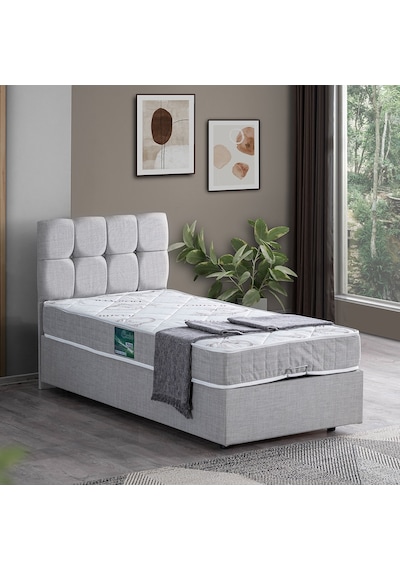 Setaymobilya Baza, Berlin Tek Kişilik Baza+Başlık+Comfort Yatak Seti, Açık Gri