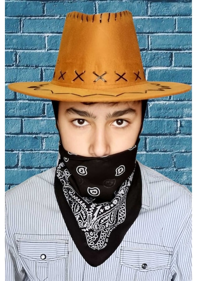 Uniquetrenders Çocuk Unisex Bandanalı Nubuk Kovboy Şapkası 8-14 Yaş Taba 3