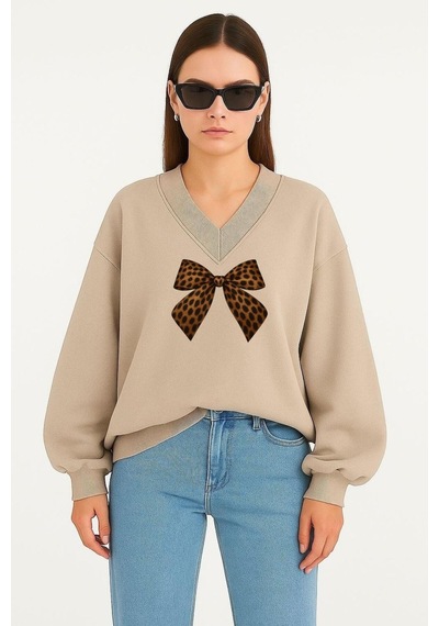 Benroma Kurdela Baskılı Ünisex V Yaka Sweatshirt Bej