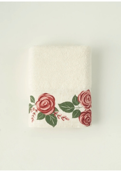 Bella Maison %100 Pamuk Rose Baskılı Yüz Havlusu Krem 50x90 Cm Krem 1
